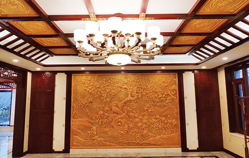 弓长岭中式别墅客厅中式木作横梁吊顶装饰展示